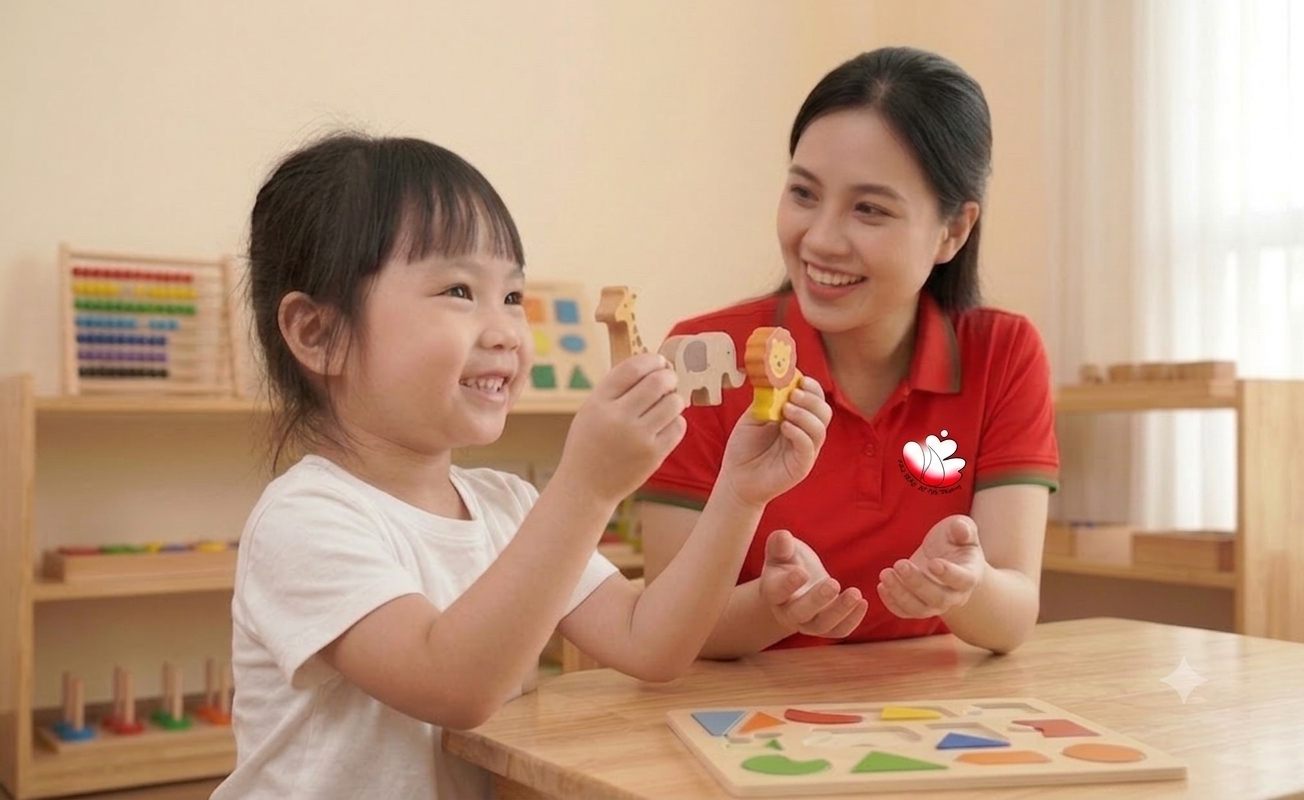 Giáo viên Hoa Hồng Nhỏ cùng trẻ chơi đồ chơi gỗ phát triển nhận thức